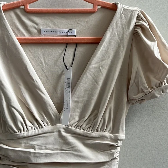 NWT Susana Monaco x Revolve Beige Gathered Jumpsuit in Blanched Almond - Picture 3 of 7